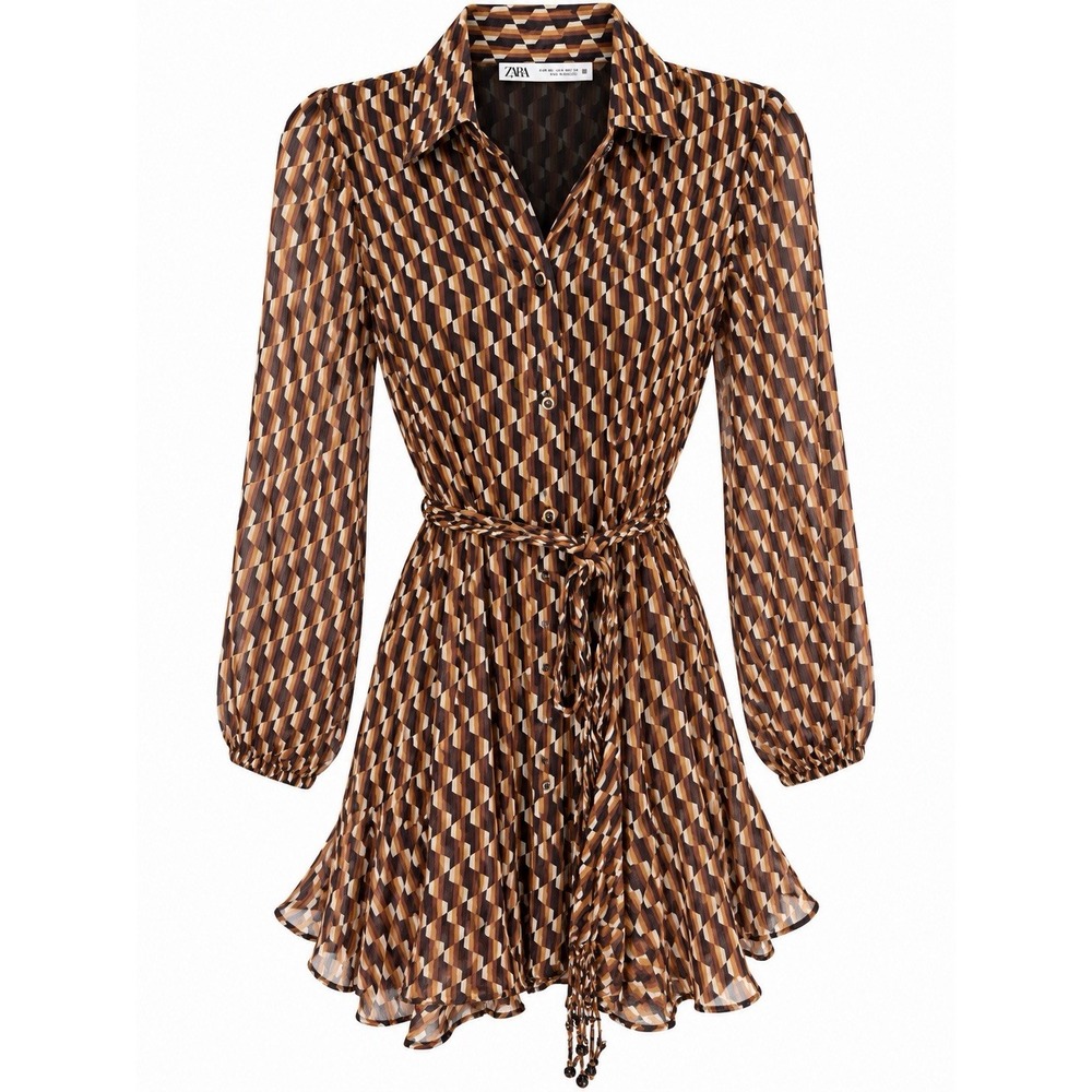 Zara Romantic Retro 70s Mini Dress XS Sheer Feminine Chocolate Brown Fall Chic